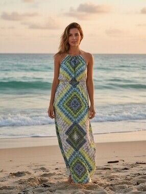 London Times Geo-Print Halter Maxi Dress in Blue & Green--Size 4